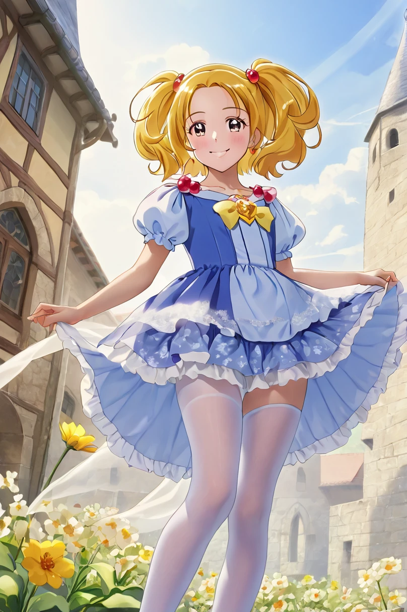 10 year old girl underwear, Smile Precure、Realistic bloomers made from patterned cotton fabric, Medieval one-piece dress with panniers, Fabric Realism, Low - Angle, I see bloomers, Pull up the dress by hand, Strong winds, Translucent slip, Translucent slip, tights, Highest quality,  whole body