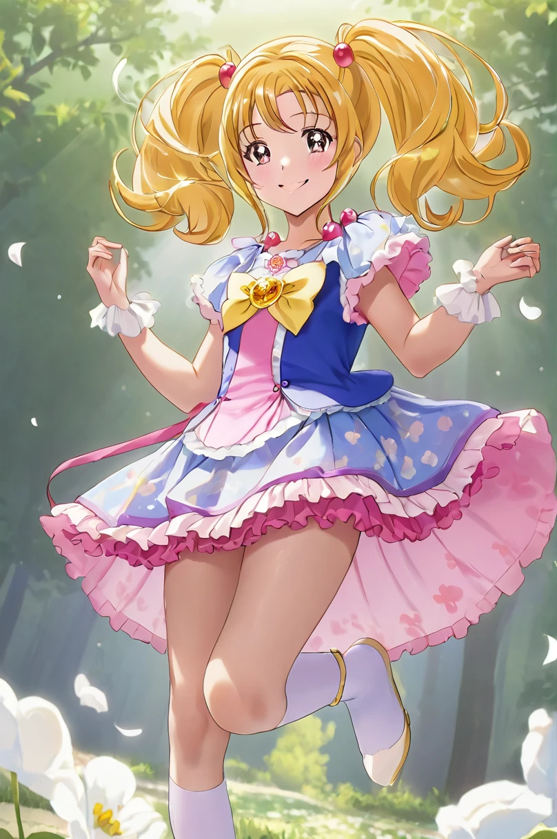 10 year old girl underwear, Smile Precure、Realistic bloomers made from patterned cotton fabric, Medieval one-piece dress with panniers, Fabric Realism, Low - Angle, I see bloomers, Pull up the dress by hand, Strong winds, Translucent slip, Translucent slip, tights, Highest quality,  whole body