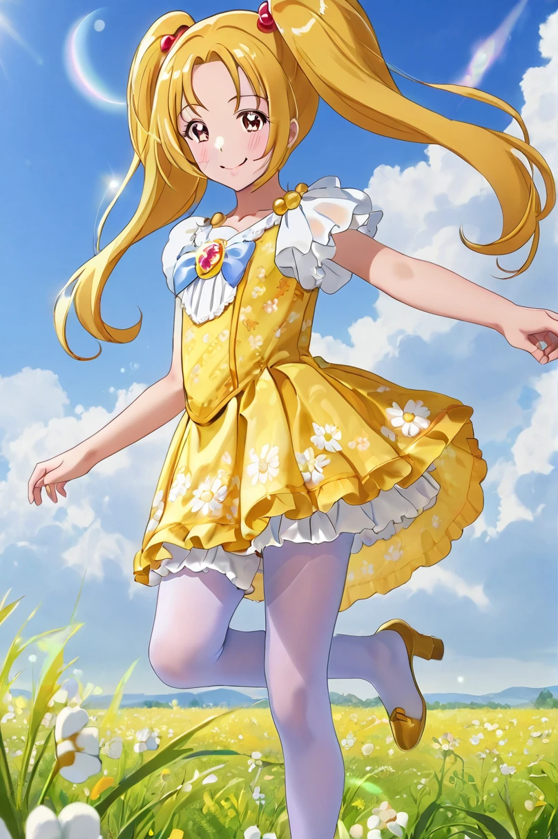 10 year old girl underwear, Smile Precure、Realistic bloomers made from patterned cotton fabric, Medieval one-piece dress with panniers, Fabric Realism, Low - Angle, I see bloomers, Pull up the dress by hand, Strong winds, Translucent slip, Translucent slip, tights, Highest quality,  whole body