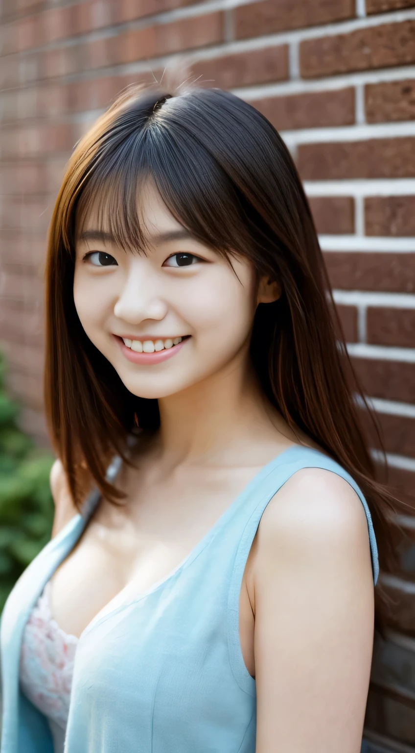 masterpiece,best quality,(Japanese ),((Beautiful girl)),cleavage,(perfect body beauty:1.2),(shy smile),beautiful teeth,(Blurred background of brick buildings),
