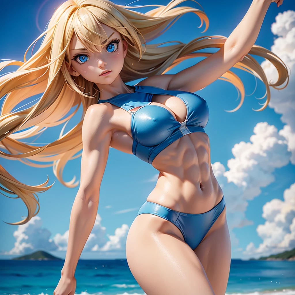 Create a dynamic, visually striking image of a muscular female character with blonde hair and blue eyes. She is dressed in a blue bikini that shows off her well-defined muscles. Her confident and determined expression contributes to her powerful presence. She also wears an open blue shirt that flows in the wind, adding a sense of movement. The background is a smooth gradient from light blue to beige, indicating an outdoor scene with natural light.