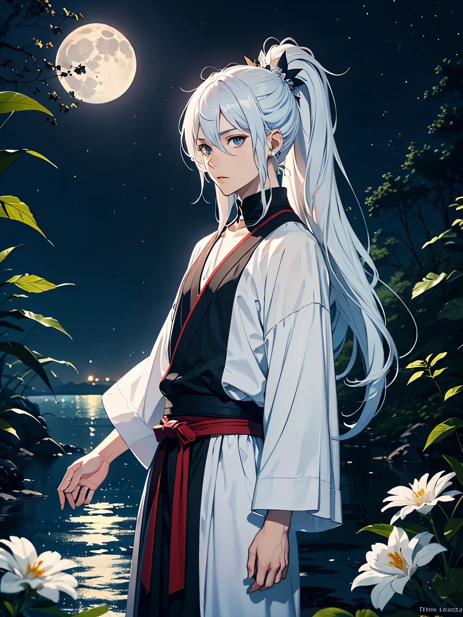 Mit Katana. Engel. Viele weoße vögel. More anime. light blue light. Bright bright light. magical. Moon. White flowers. male. Long hair. long white hair. aquatic, boy, God of the Moon, silver hair accessories, White hair.