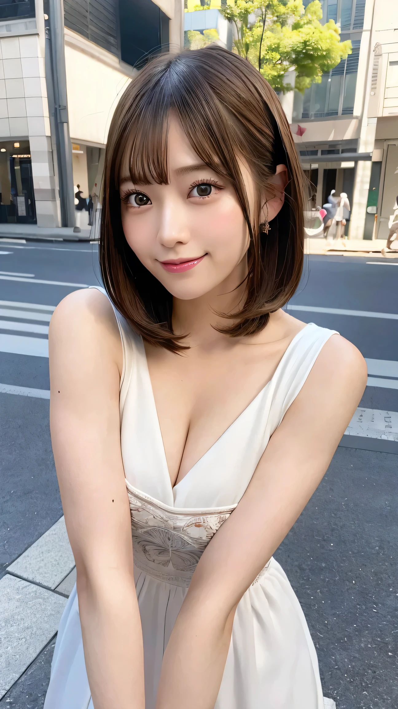 masutepiece, Best Quality, Illustration, Ultra-detailed, finely detail, hight resolution, 8K Wallpaper, Perfect dynamic composition, Beautiful detailed eyes, doress, mid-chest, Natural Color Lip, Random and y poses,Smile,Aoyama Street Walk、20 years girl、bobhair,Short hairstyle
