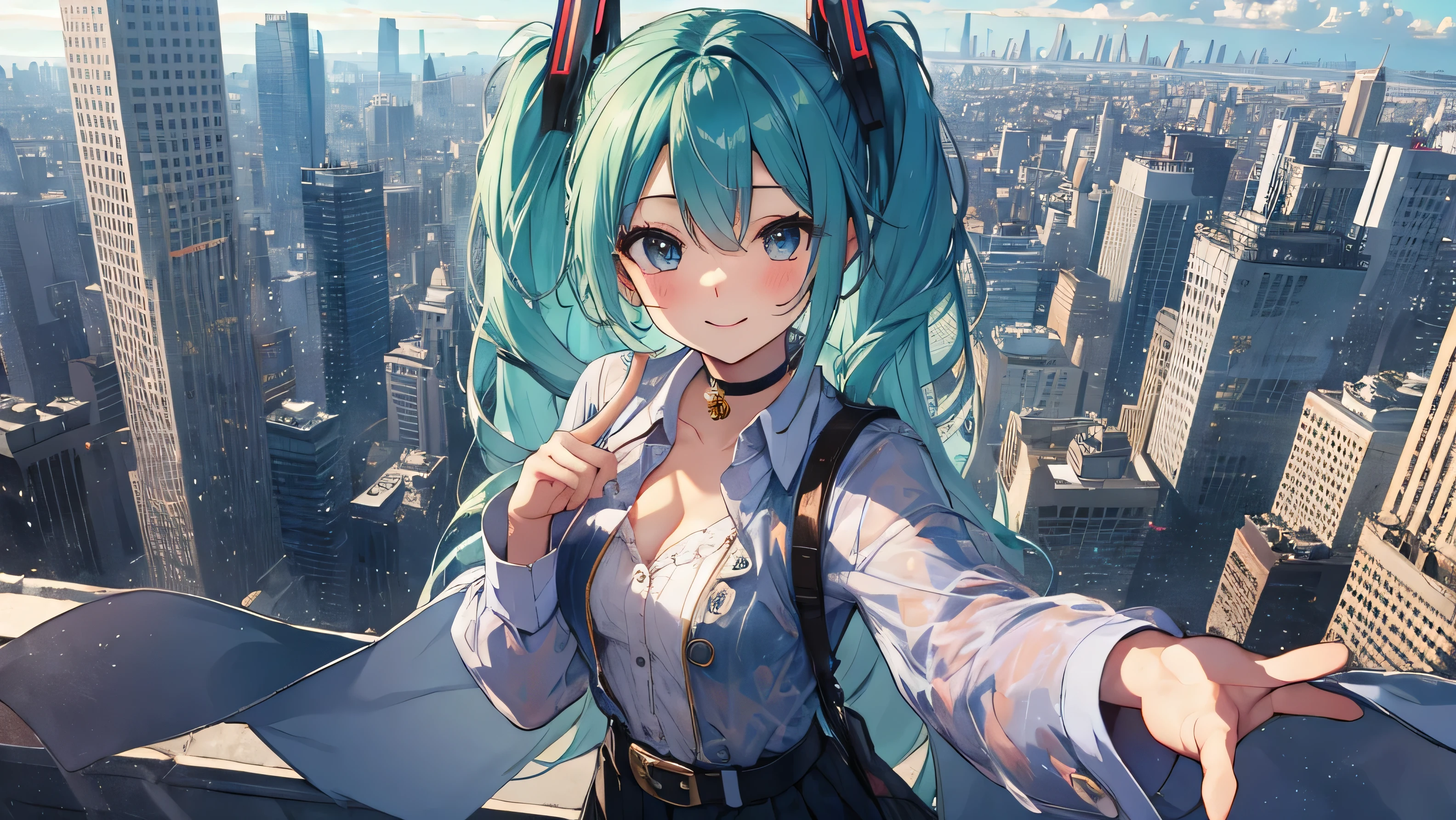 soles, masterpiece, Hatsune Miku, 1 person, solo, hair inhalation, face up, blue sky, glow white particle, (sidelighting:1.2), sun rise , pink cloud, detailed clouds, slender, Lovely small exposed breasts, super cute smile with teeth, red cheek, blushing, naught face, beautiful green hair, magic light, deep shiny blue eyes, cute girly pause, Draw your breasts inward and push them up, choker, black see-through blouse with green tie, blue skirt , white belt, black long grove, put on pink and blue head gear, on the roof of building, super detailed beautiful city view background, wide shot, give wink, giving peace sign, singer, singing