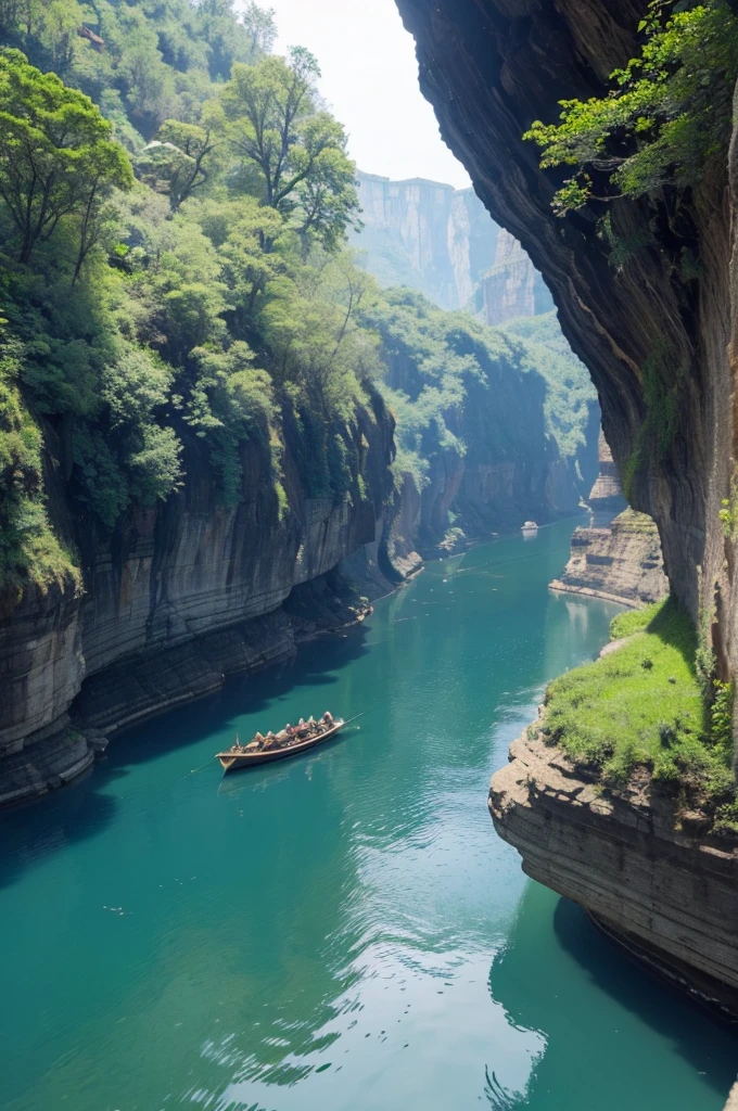 
a narrow valley。both sides of the strait,The stone cliff stands towering,Slightly concave,Like a scallop slightly open，There is a stream flowing under the canyon