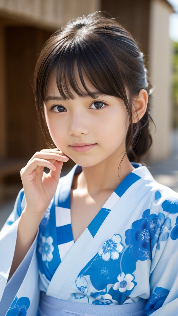 11 year old girl Japanese Light blue yukata Realistic Skin Ponytail Medically accurate beautiful five fingers