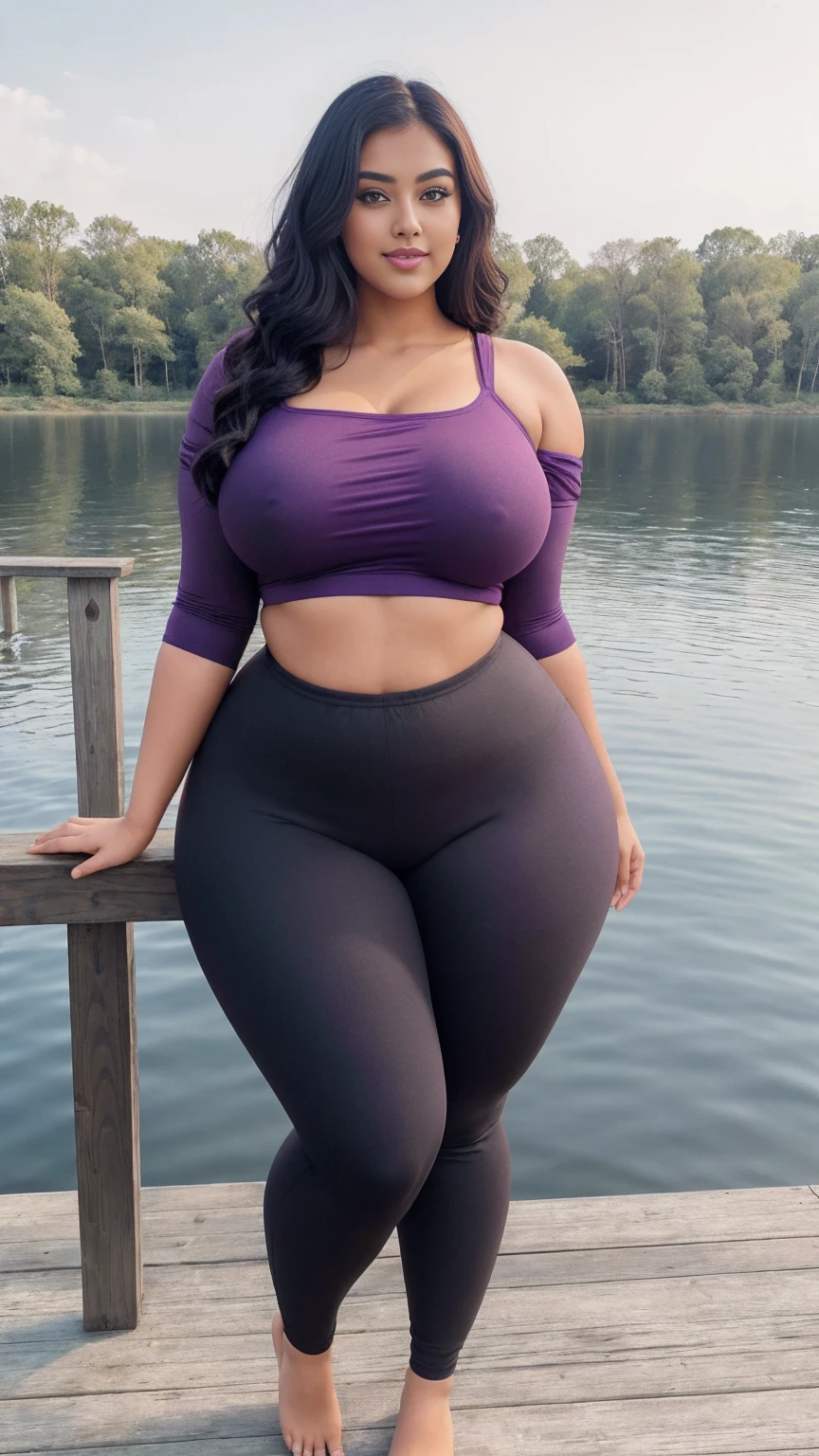swastika mukharjee Indian beautiful woman curvy plus size hour glass bulky huge figure woman, closeup camera view, big huge m-cup breast, wearing SHEIN Young Girl Drop Shoulder Hooded Tee & Leggings Color: Mauve Purple , covered Bust , elegant standing position, eye contact view, different style hairstyle, bright eyes, thin eyebrows, fair skin, blushing cheeks, prefect head to toe view, full body, ideal for high-fashion or editorial shoots, ultra realistic skin texture, head to toe view, full body shot, full body view, smile face, black hair, Indian face, perfect skin tone light, ultra realistic skin texture, bigger waist, busty, big hips, fleshy thighs, thick thighs, busty, full body view, Lakeside Dock: A serene lake with a wooden dock.
