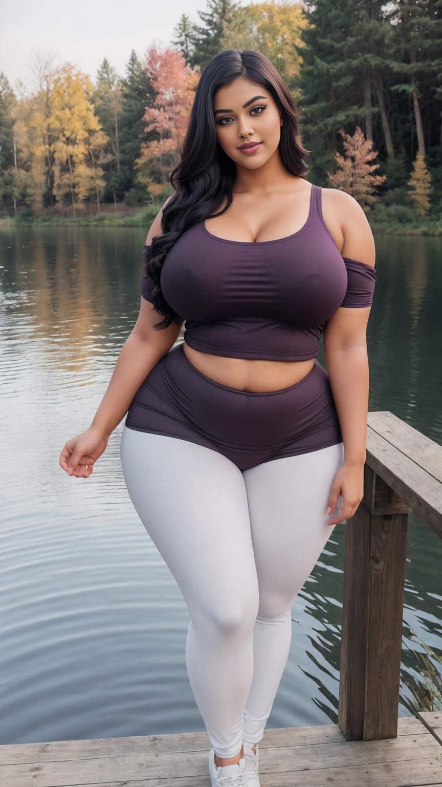 swastika mukharjee Indian beautiful woman curvy plus size hour glass bulky huge figure woman, closeup camera view, big huge m-cup , wearing SHEIN Young Girl Drop Shoulder Hooded Tee & Leggings Color: Mauve Purple , covered Bust , elegant standing position, eye contact view, different style hairstyle, bright eyes, thin eyebrows, fair skin, blushing cheeks, prefect head to toe view, full body, ideal for high-fashion or editorial shoots, ultra realistic skin texture, head to toe view, full body shot, full body view, smile face, black hair, Indian face, perfect skin tone light, ultra realistic skin texture, bigger waist, busty,hips, fleshy thighs, thick thighs, busty, full view, Lakeside Dock: A serene lake with a wooden dock.