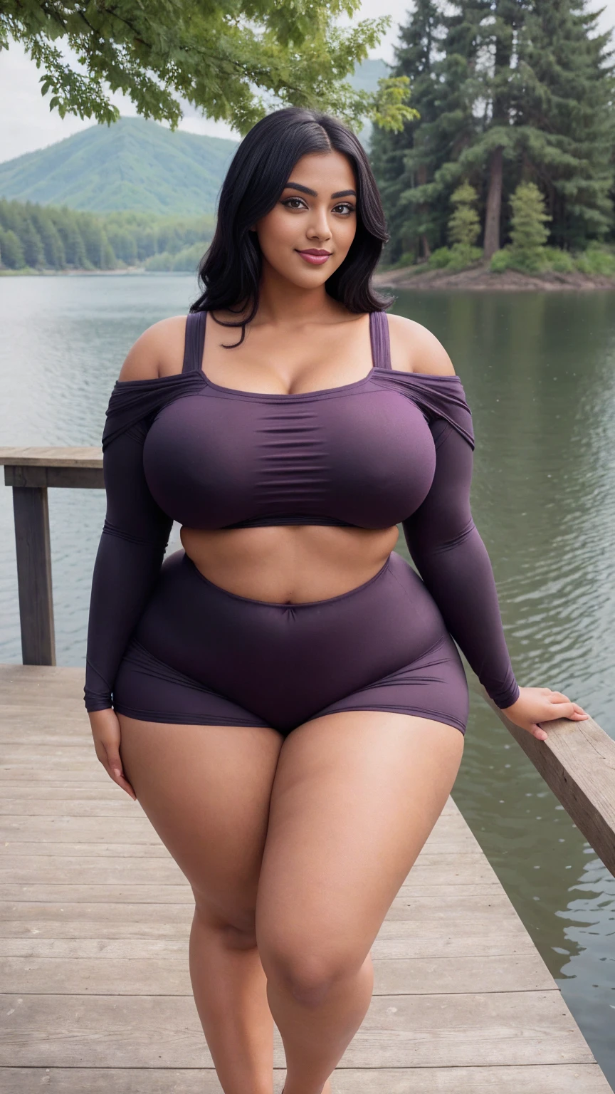 swastika mukharjee Indian beautiful woman curvy plus size hour glass bulky huge figure woman, closeup camera view, big huge m-cup breast, wearing SHEIN Young Girl Drop Shoulder Hooded Tee & Leggings Color: Mauve Purple , covered Bust , elegant standing position, eye contact view, different style hairstyle, bright eyes, thin eyebrows, fair skin, blushing cheeks, prefect head to toe view, full body, ideal for high-fashion or editorial shoots, ultra realistic skin texture, head to toe view, full body shot, full body view, smile face, black hair, Indian face, perfect skin tone light, ultra realistic skin texture, bigger waist, busty, big hips, fleshy thighs, thick thighs, busty, full body view, Lakeside Dock: A serene lake with a wooden dock.