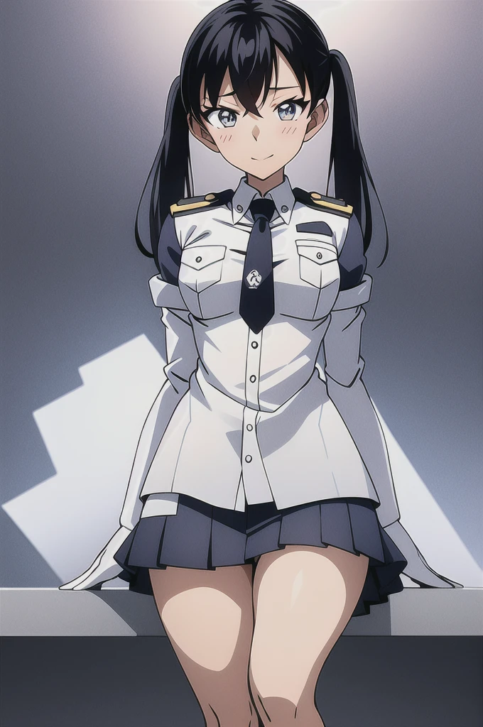 Mecha Wings、白と青色のskirt、Accentuated thighs、White tights、chest、Beautiful black hair、1 girl、solo girl、Thick thighs、IS、Frame Arms Girl、Alice Gere Aegis、White Armor、Blue and purple lines、income、headphone、hand on own chest、smile、Miike Naeko,One girl,alone,police,police uniform,uniform,policewoman,skirt,tie,Twin tails,Black Hair