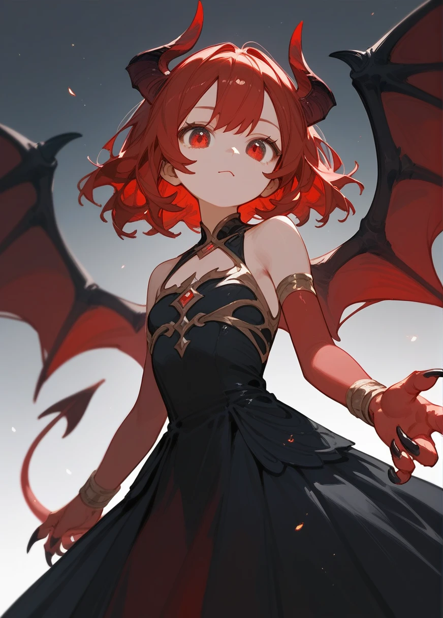 (score_9,score_8_up,score_7_up),1girl,girl demon,red hair,red eyes,wings,claws,black dress,beautiful_face, full body