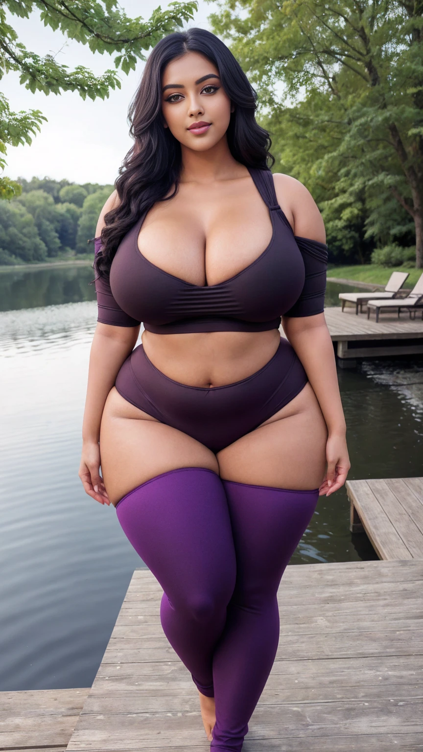 swastika mukharjee Indian beautiful woman curvy plus size hour glass bulky huge figure woman, closeup camera view, big huge m-cup breast, wearing SHEIN Young Girl Drop Shoulder Hooded Tee & Leggings Color: Mauve Purple , covered Bust , elegant standing position, eye contact view, different style hairstyle, bright eyes, thin eyebrows, fair skin, blushing cheeks, prefect head to toe view, full body, ideal for high-fashion or editorial shoots, ultra realistic skin texture, head to toe view, full body shot, full body view, smile face, black hair, Indian face, perfect skin tone light, ultra realistic skin texture, bigger waist, busty, big hips, fleshy thighs, thick thighs, busty, full body view, Lakeside Dock: A serene lake with a wooden dock.
