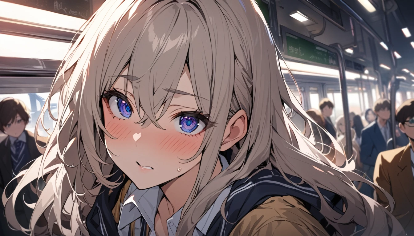 masterpiece, High resolution, perfect face, Japan beauties, 30 years old, beautiful face, in the crowded train, high school student, embarrassed look, look at the camera, (top quality eyes), detailed texture, Look at me, Married woman, cool women, ((high resolution eyes)), hentai face