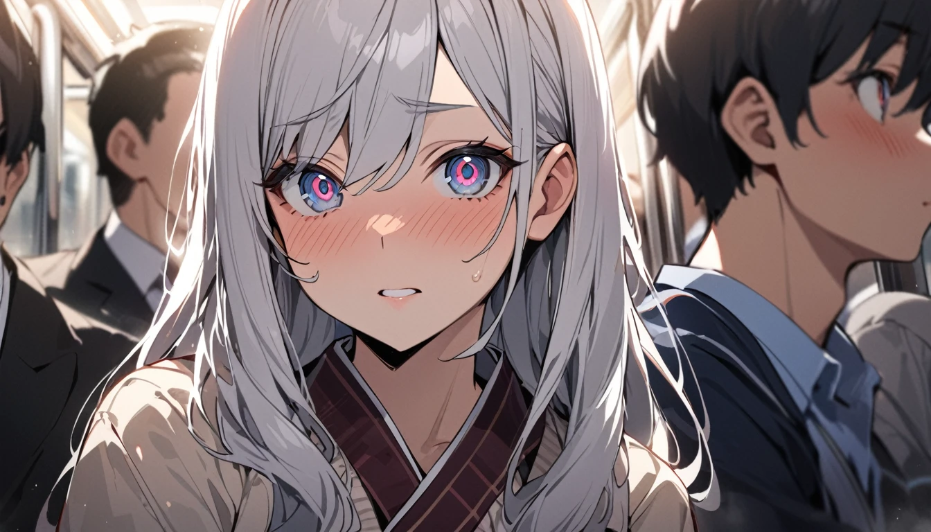 masterpiece, High resolution, perfect face, Japan beauties, 30 years old, beautiful face, in the crowded train, high school student, embarrassed look, look at the camera, (top quality eyes), detailed texture, Look at me, Married woman, cool women, ((high resolution eyes)), hentai face
