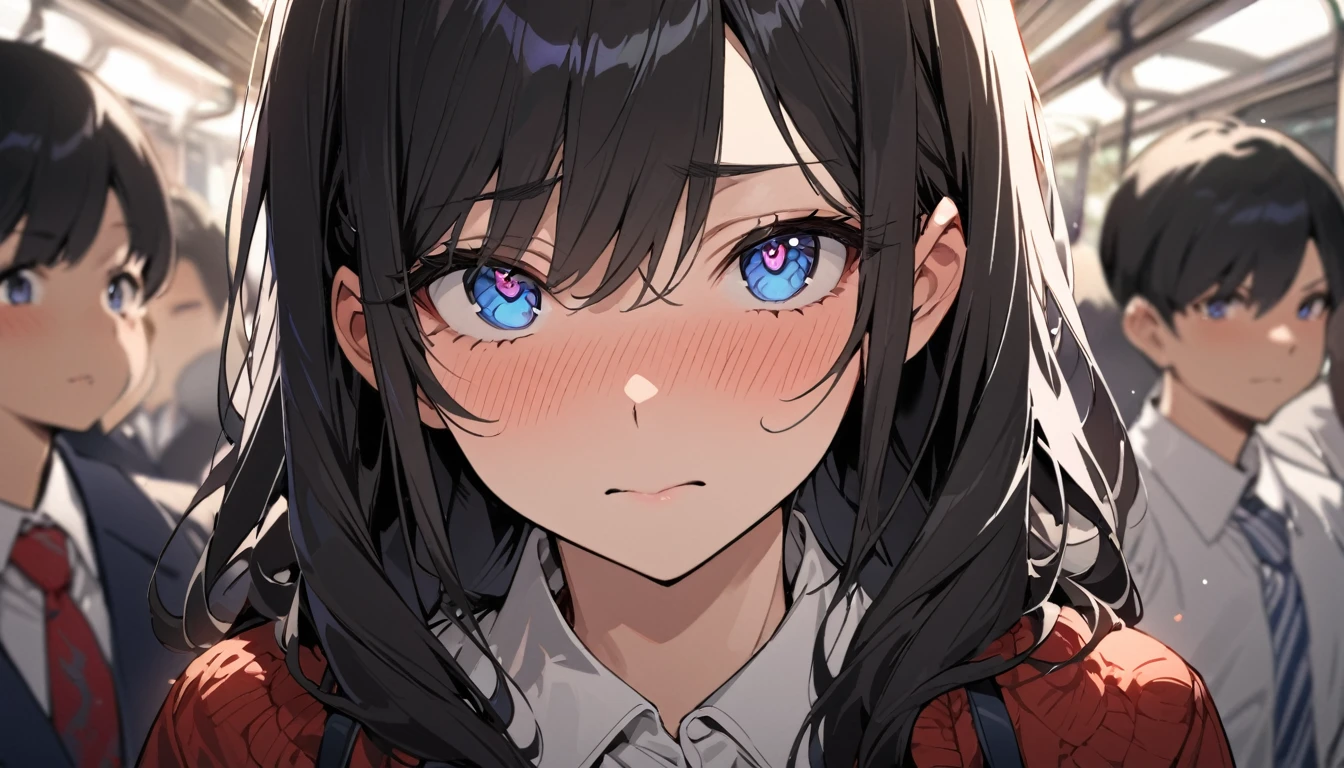 masterpiece, High resolution, perfect face, Japan beauties, 30 years old, beautiful face, in the crowded train, high school student, embarrassed look, look at the camera, (top quality eyes), detailed texture, Look at me, Married woman, cool women, ((high resolution eyes)), hentai face