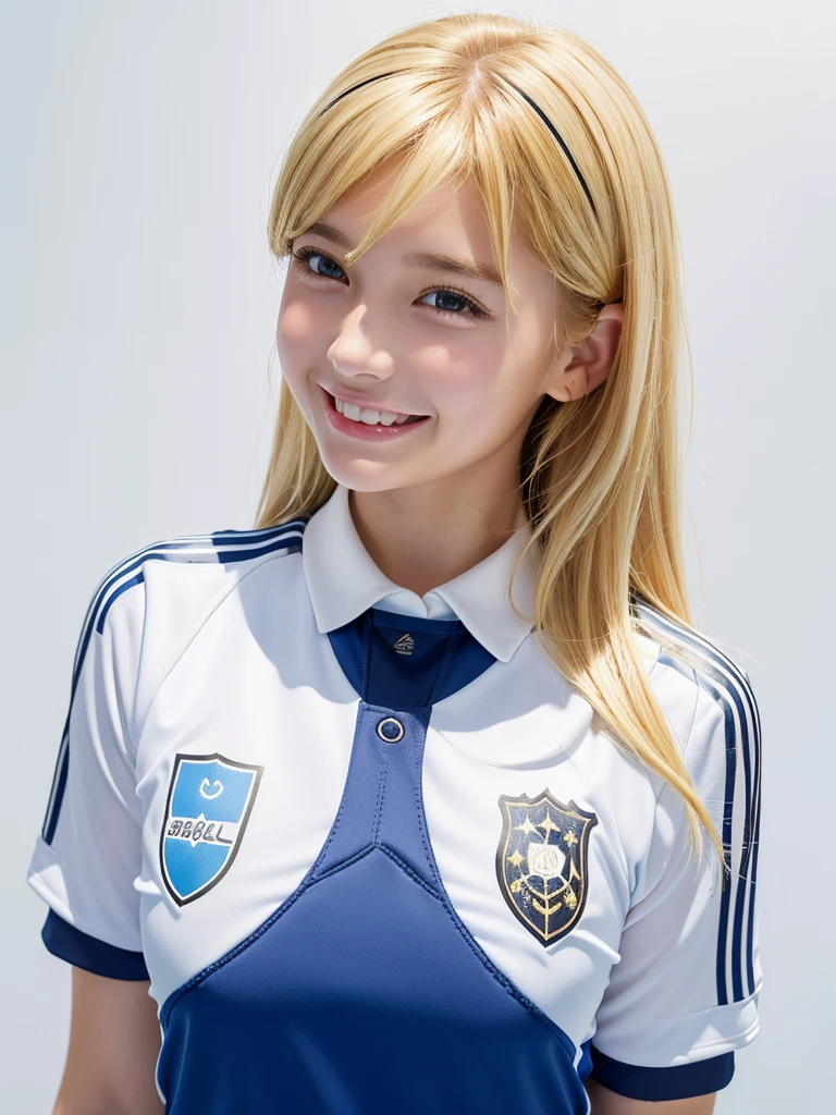1 girl,(Highest quality、8k、32K、masterpiece)、(Realistic)、(Realistic:1.2)、(High resolution)、Very detailed、Very beautiful face and eyes、1 girl、Round and small face、Tight waist、Delicate body、(close、Highest quality、Attention to detail、Rich skin detail)、(Highest quality、8k、Oil paints:1.2)、(Realistic、Realistic:1.37)、Bright colors、(((blonde)))、(((Upper Body Shot)))、(((Medium Hair)))、(((White wall background)))、(((Happy expression)))、smile、(((Blonde)))、(((Soccer uniforms)))、(((青と白のSoccer uniforms)))、(((Blue Uniform)))、touch my head、Perm Hair