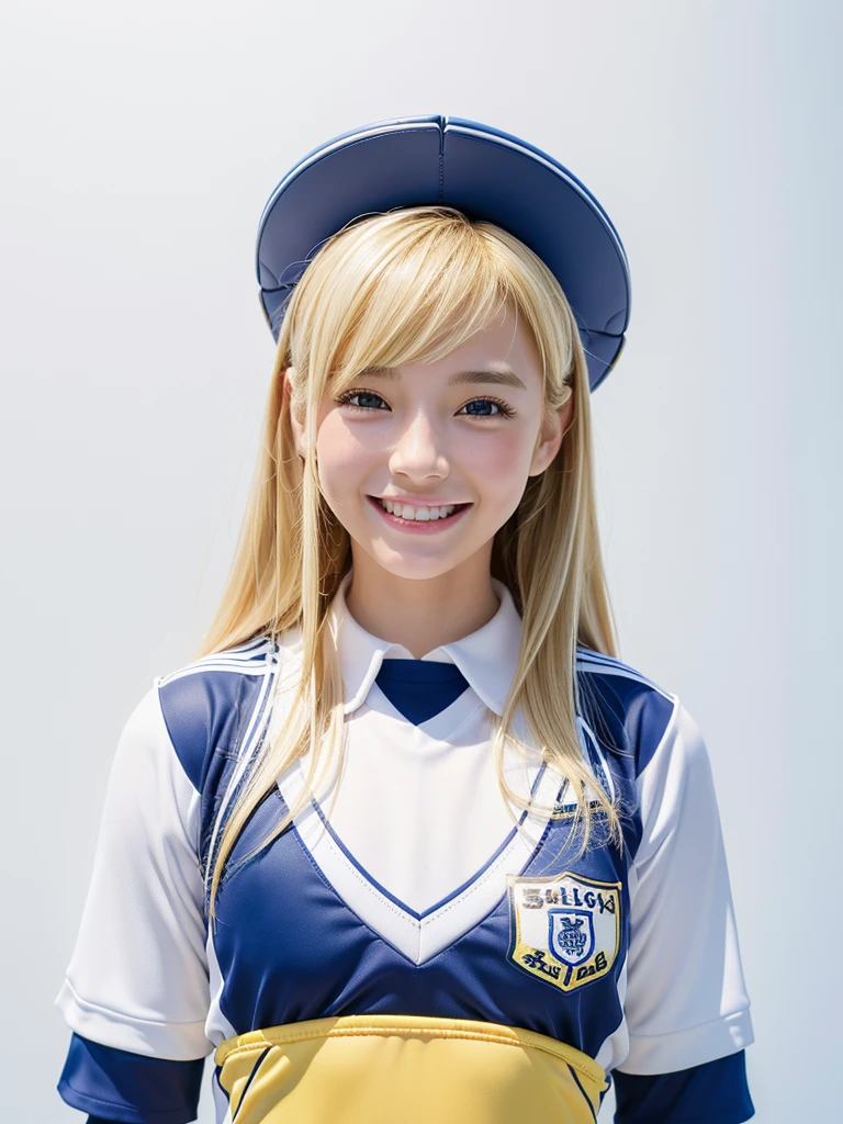 1 girl,(Highest quality、8k、32K、masterpiece)、(Realistic)、(Realistic:1.2)、(High resolution)、Very detailed、Very beautiful face and eyes、1 girl、Round and small face、Tight waist、Delicate body、(close、Highest quality、Attention to detail、Rich skin detail)、(Highest quality、8k、Oil paints:1.2)、(Realistic、Realistic:1.37)、Bright colors、(((blonde)))、(((Upper Body Shot)))、(((Medium Hair)))、(((White wall background)))、(((Happy expression)))、smile、(((Blonde)))、(((Soccer uniforms)))、(((青と白のSoccer uniforms)))、(((Blue Uniform)))、touch my head、Perm Hair