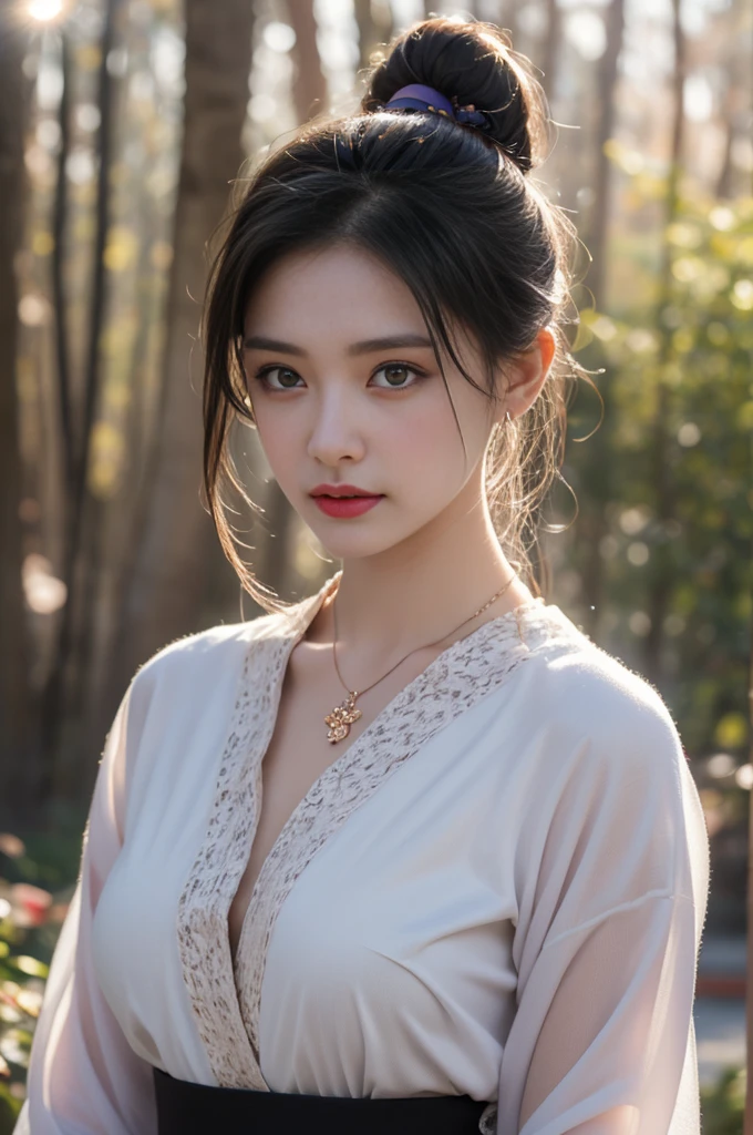 1 beautiful girl in Hanfu costume, ((black thin purple silk shirt with a lot of texture)), white lace top, long purple platinum ponytail Hair, Jewelry, ear jewelry, necklaces and necklaces, carefully drawn big purple eyes, makeup careful, thin eyebrows, high nose, beautiful red lips, no smile, pursed lips, rosy cheeks, wide breasts, big breasts, proportional breasts, slim waist, purple fishnet socks, chinese hanfu style, fictional art texture, colorful bright and realistic, RAW Photo, Realistic Photo, ultra high quality 8k surreal photo, (effective fantasy light effect: 1.8), 10x pixels, magical effect (Background): 1.8), ultradetailed eyes, full body portrait of girl , Chinese royal garden background, dynamic pose