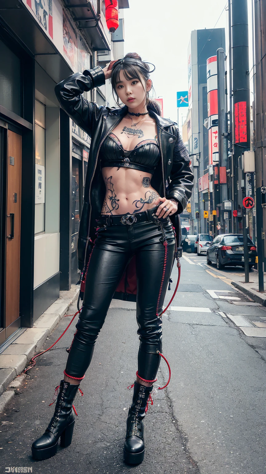(8k, highest quality, masterpiece), (realistic, photorealistic), (ultra-detailed, highest quality, ultra-high resolution), (full body: 1.3),15-year-old girl wearing leather outfit and holding a lightsaber in city street, Cinematic light, (mechanical girl), white ceramic body, purple eyes, single, (mechanical joints: 1.4), (mechanical hands), (wires and cables attached to head and body: 1.5), Neon details, sci-fi, cowboy shot, Wearing cyberpunk fur leather jacket, Cyberpunk angry gorgeous goddess, (Super villain IU Lee Ji-eun: 1.2), Cyberpunk costume, Pure white cyberpunk outfit, Female cyberpunk, Cyberpunk 20. Model girl, Cyberpunk-style outfit, Female cyberpunk, Cyberpunk style, Glamorous cyberpunk dark fantasy, Cyberpunk assassin, (full body), (Leather pants),(Girl holding a large Gatling gun in her hand and raising it above her head: 1.3), (Tattoos, Japanese tattoos all over her body: 1.5), (Very detailed: 1.4), Front view, looking at the camera,
