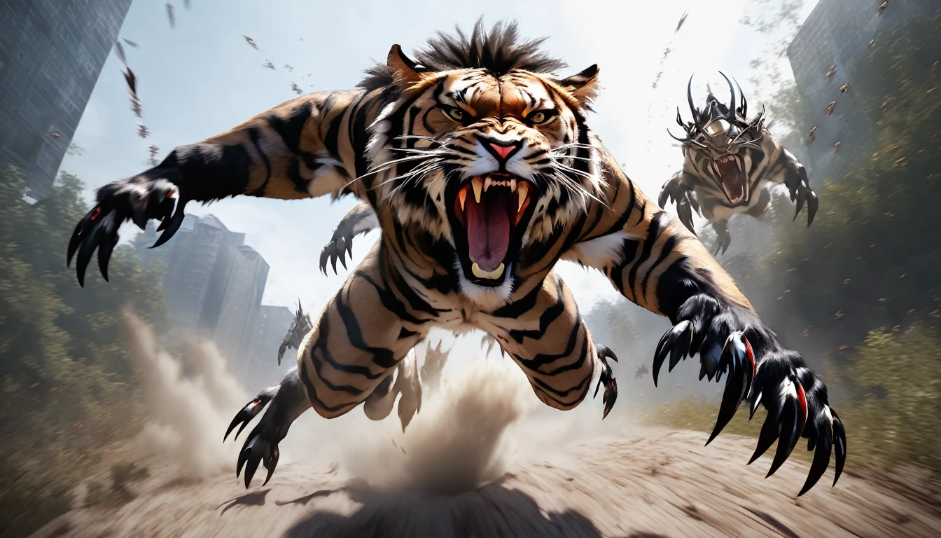 Realistic photos, RAW Photos, no life king, attacks viewer, Powerful movements, jump on prey, ((Dynamic jump)), Sharp Claws, no life king approaching from above, sudden approach, Bad-tempered, dynamic Shot from grand