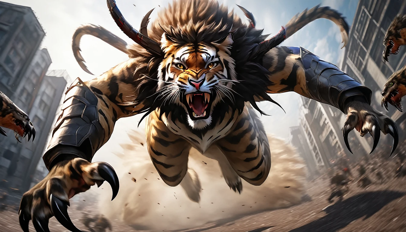 Realistic photos, RAW Photos, no life king, attacks viewer, Powerful movements, jump on prey, ((Dynamic jump)), Sharp Claws, no life king approaching from above, sudden approach, Bad-tempered, dynamic Shot from grand