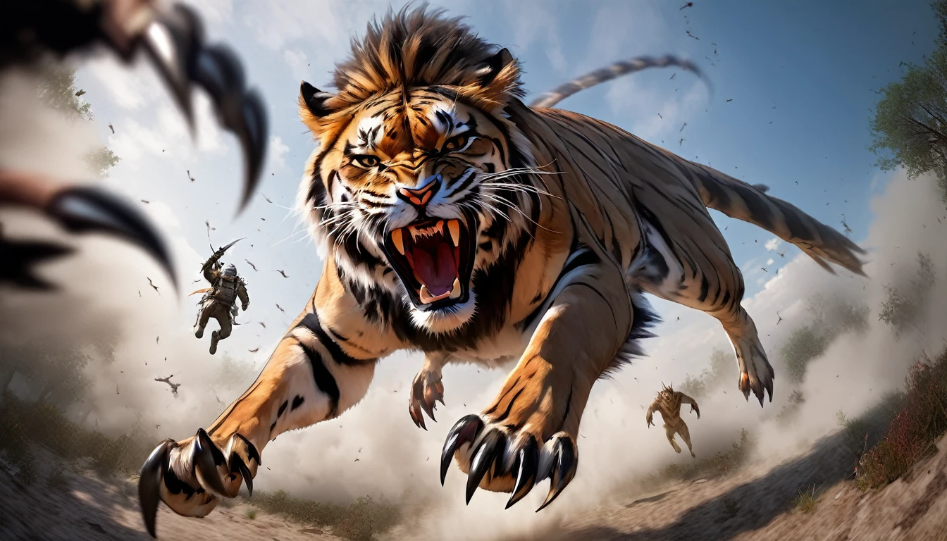 Realistic photos, RAW Photos, no life king, attacks viewer, Powerful movements, jump on prey, ((Dynamic jump)), Sharp Claws, no life king approaching from above, sudden approach, Bad-tempered, dynamic Shot from grand