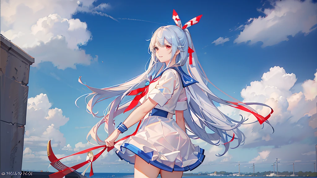 a smiling girl with long white straight hair, red eyes, wearing a blue and white sailor uniform ((with a sky blue sailor ribbon:1.4)), 
School zone street, detailed portrait, realistic, photorealistic, 8k, best quality, masterpiece, ultra-detailed, sharp focus, physically-based rendering, professional, vivid colors, natural lighting