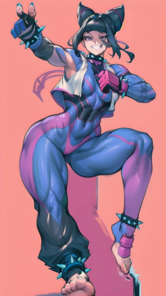 Full body image of Juri Han from Street Fighter 5, wearing her original outfit (black and purple clothes with spiked accents, barefoot with taped feet, and arm guards), short black hair styled in twin buns, female body, athletic and flexible body, dynamic pose, detailed pose, simple background, expressive face showing a mischievous grin, focus on face, line art, sketch