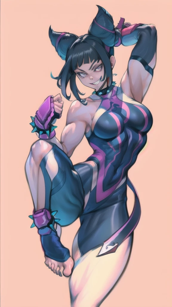 Full body image of Juri Han from Street Fighter 5, wearing her original outfit (black and purple clothes with spiked accents, barefoot with taped feet, and arm guards), short black hair styled in twin buns, female body, athletic and flexible body, dynamic pose, detailed pose, simple background, expressive face showing a mischievous grin, focus on face, line art, sketch