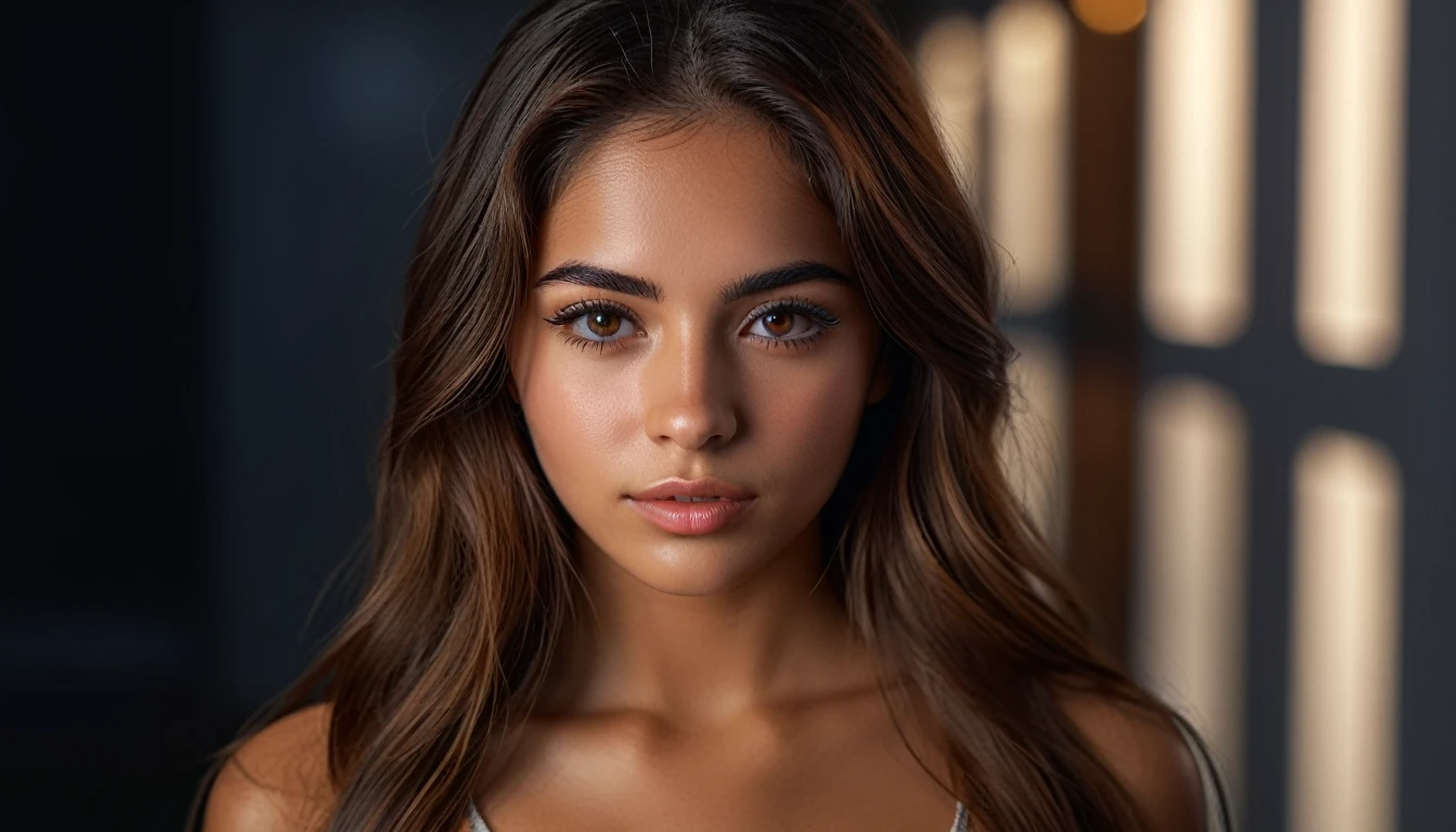 Photorealistic portrait of a 21-year-old Colombian girl with long, flowing brown hair and striking dark eyes. creates different activities and atmosphere, perfect face, symmetrical eyes, full body, perfect body, very detailed skin, matte skin, professional photography, 8k, raw photo, best quality, masterpiece, photo-realistic, very detailed, cinematic lighting, sharpness, DSLR, high resolution, Photorealistic