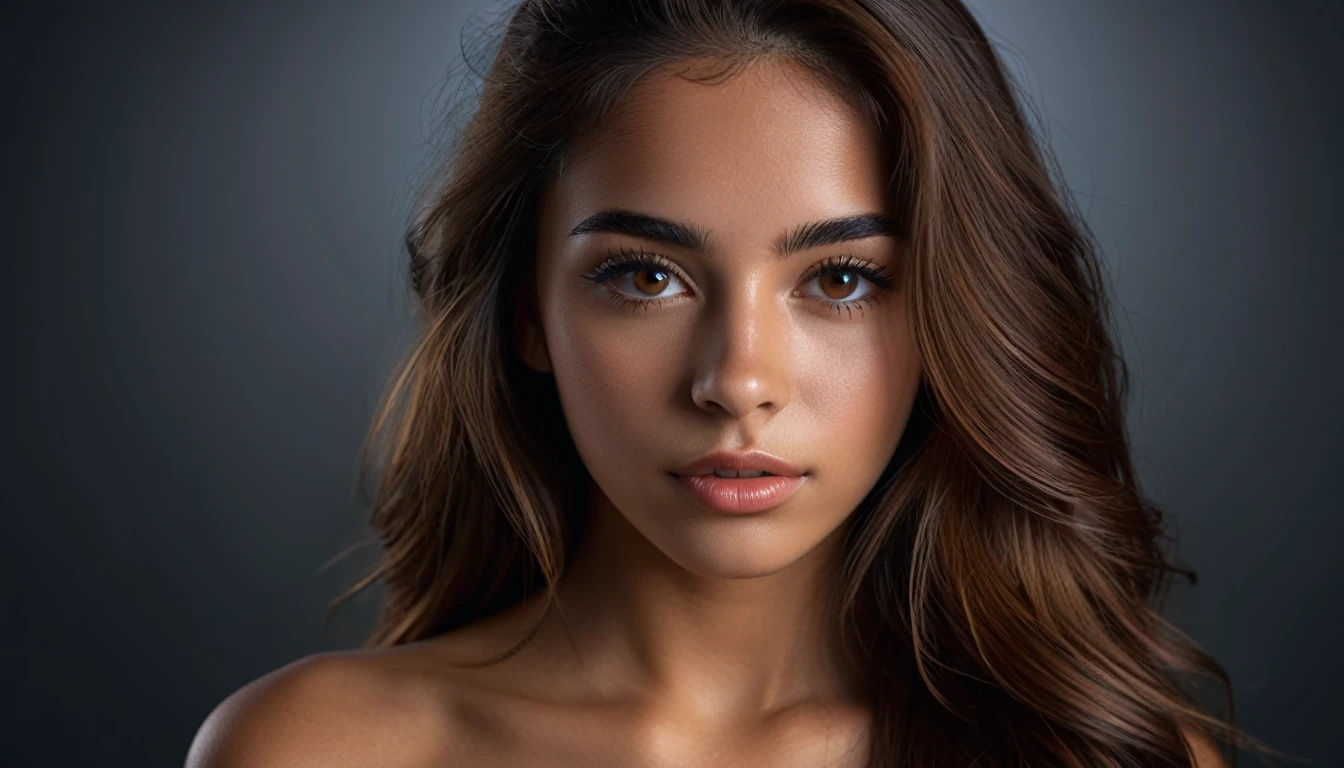 Photorealistic portrait of a 21-year-old Colombian girl with long, flowing brown hair and striking dark eyes. creates different activities and atmosphere, perfect face, symmetrical eyes, full body, perfect body, very detailed skin, matte skin, professional photography, 8k, raw photo, best quality, masterpiece, photo-realistic, very detailed, cinematic lighting, sharpness, DSLR, high resolution, Photorealistic