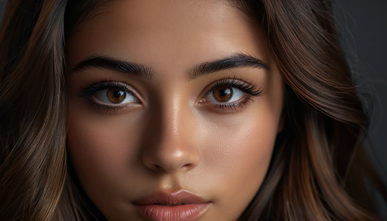 Photorealistic portrait of a 21-year-old Colombian girl with long, flowing brown hair and striking dark eyes. creates different activities and atmosphere, perfect face, symmetrical eyes, full body, perfect body, very detailed skin, matte skin, professional photography, 8k, raw photo, best quality, masterpiece, photo-realistic, very detailed, cinematic lighting, sharpness, DSLR, high resolution, Photorealistic