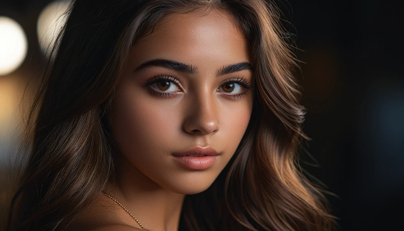 Photorealistic portrait of a 21-year-old Colombian girl with long, flowing brown hair and striking dark eyes. creates different activities and atmosphere, perfect face, symmetrical eyes, full body, perfect body, very detailed skin, matte skin, professional photography, 8k, raw photo, best quality, masterpiece, photo-realistic, very detailed, cinematic lighting, sharpness, DSLR, high resolution, Photorealistic