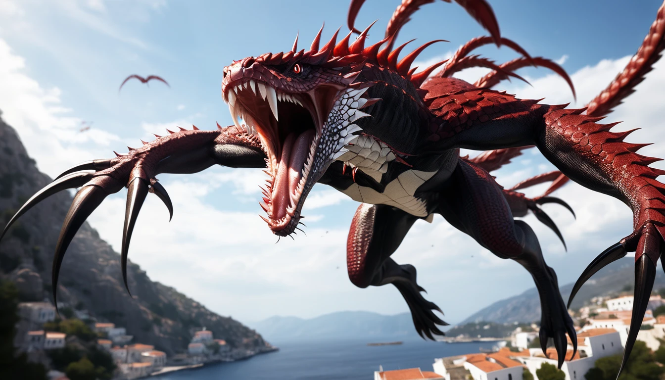 Realistic photos, RAW Photos, hydra, attacks viewer, Powerful movements, jump on prey, ((Dynamic jump)), Sharp Claws, hydra approaching from above, sudden approach, Bad-tempered, dynamic Shot from grand