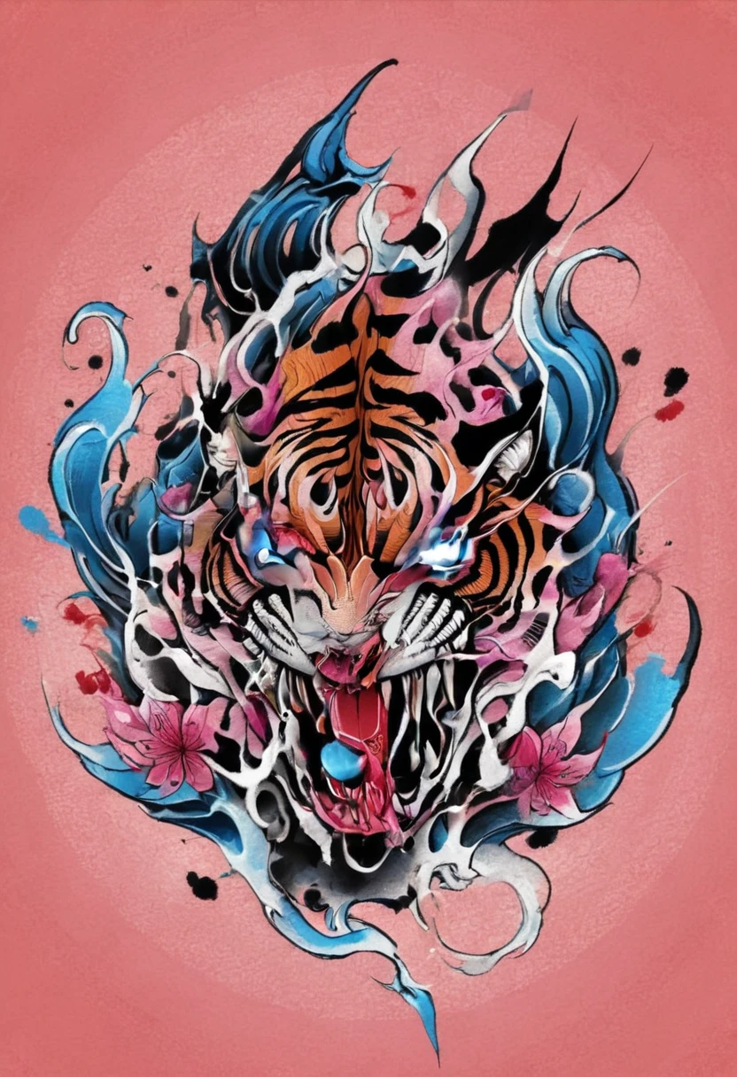 Traditional Japanese tattoo design, realistic tattoo art of Orange tiger with (((Blue eyes))) with pink sakura petal effect ,he is with open mouth looking very fierce and angry, the background is Japanese wave tattoo, (Unity 16K Wallpaper, masterpiece, Best Quality, high quality, Ultra-detailed, extremely details), a tattoo design, realistic tattoo art of Orange tiger with (((Blue eyes))) with pink sakura petal effect ,he is with open mouth looking very fierce and angry, the background is Japanese wave tattoo, upper arm tattoo,