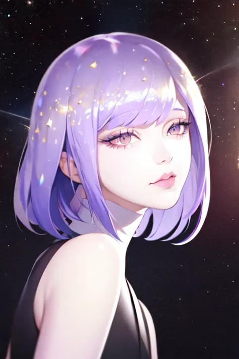 1girl, beautiful face, ((white eyes)), sexy pose, lilac hair color, shiny hair, ((gem-like)), swing-layered hairstyle, stars, sp...