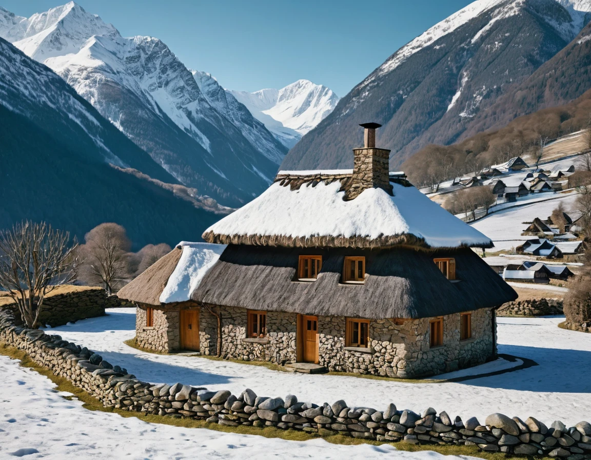 Photograph depicting a picturesque mountainous landscape with a traditional stone house nestled in the foreground. The house has a thatched roof and a prominent chimney, providing a rustic, alpine atmosphere. The surrounding environment is lush and the mountains in the background are covered in snow, a high altitude place. Canon RF 50mm F4-7.1 IS STM, f/8, ISO 100, hyper-maximalism, hyper-realistic, insanely detailed, intricate, octane render, DSLR, HDR, 32k, post-production