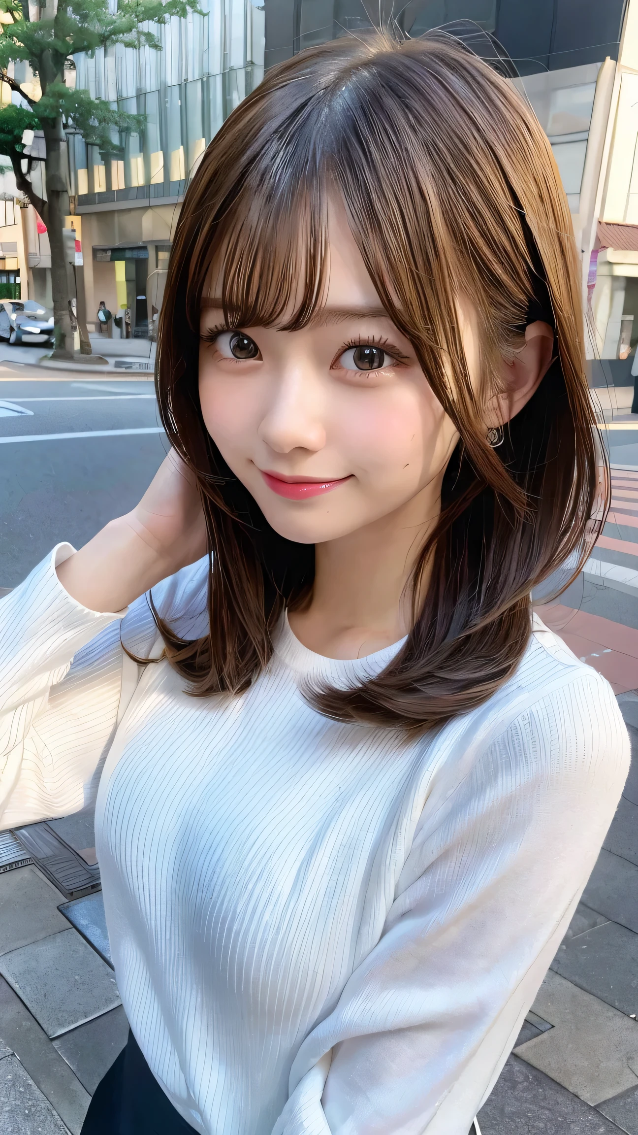 masutepiece, Best Quality, Illustration, Ultra-detailed, finely detail, hight resolution, 8K Wallpaper, Perfect dynamic composition, Beautiful detailed eyes, doress, mid-chest, Natural Color Lip, Random and sexy poses,Smile,Aoyama Street Walk、20 years girl、bobhair,Short hairstyle