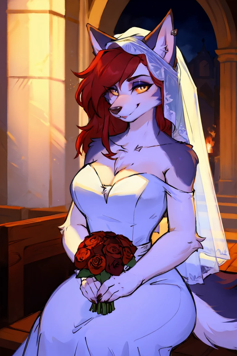 (Wolf_girl:1.2),Beautiful figure,Height 193 cm,Long flowing red hair, close_up,(Fluffy anthropomorphic furry :1.6),curls,fur,Neck hair,Extremely fine fur,Wedding dress,White gloves,veil, church, Looking at the audience,Full flush,Smile,Smiley Face,Holding a bouquet,heart shape eye,Upper body only,sit
