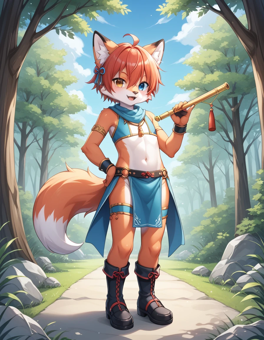 毛茸茸of, Fraction_of, pushrod, fox, 独自of, furry , 毛茸茸of, Blue and white, Flute, Tail, 可爱of, 短of, Heterochromia, Cartoon, Flat Color, 简单of阴影, Full body portrait,Forest Background, 模糊of背景, Cub, male,Chivalrous Costume,
