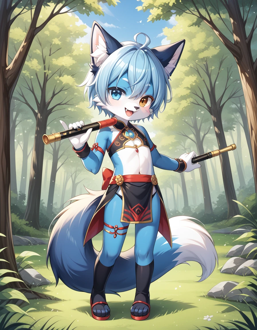 毛茸茸of, Fraction_of, pushrod, fox, 独自of, furry , 毛茸茸of, Blue and white, Flute, Tail, 可爱of, 短of, Heterochromia, Cartoon, Flat Color, 简单of阴影, Full body portrait,Forest Background, 模糊of背景, Cub, male,Chivalrous Costume,
