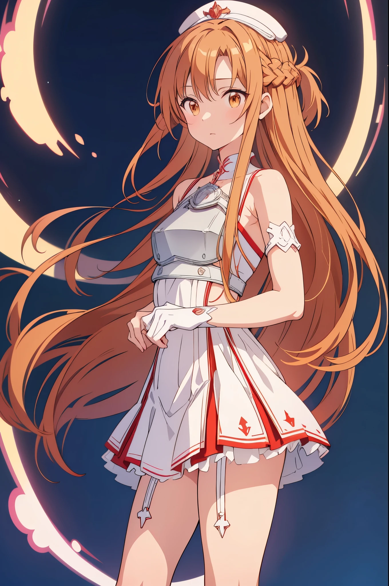 白いdressと赤いストッキングを着た女性が岩の上に座っている、Yuuki Asuna, Beautiful woman in anime style, Highest quality, Perfect Anatomy, Super detailed, One girl, alone, chest, An athletic body, Good move, Good legs, Knees are good, Night Sky, performer, Long Hair, medium chest, View your viewers, Happy, bangs, Brown Hair, Knee socks, gloves, dress, chestの谷間, Exposing shoulders, Brown eyes, very Long Hair, Crossing your legs, white gloves, white dress, armor, white Knee socks, Garter Straps, white armor,