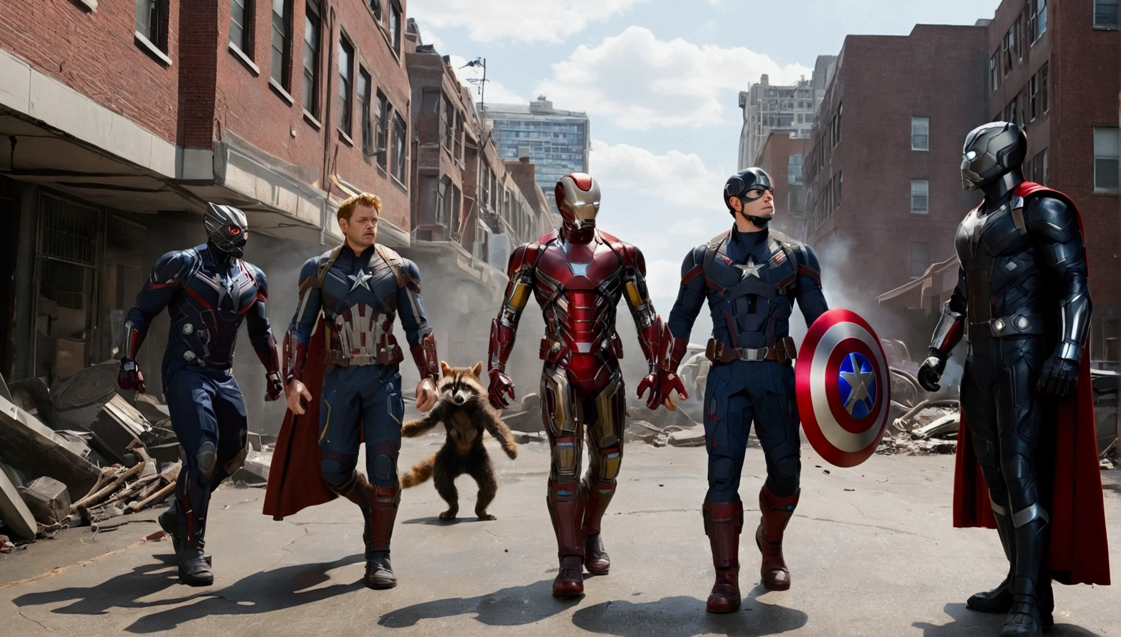 Very detailed,Superhero Waghting Stance,Captain America,Captain Marvel,Iron Man,Thor,Doctor Strange,Ant-Man,Groot,Rocket Raccoon,Spider-Man,Black Panther,Black Widow,Hawkeye,the hulk,Scarlet Witch,Attack each other,Intricate details,There are other superheroes in the distance,Collapsed streets,of war,