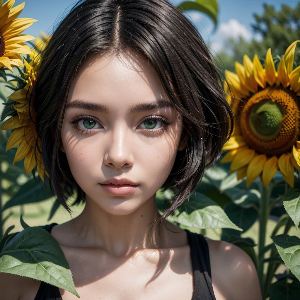 green-eyed black woman with sunflowers 