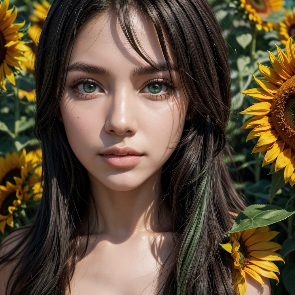 green-eyed black woman with sunflowers