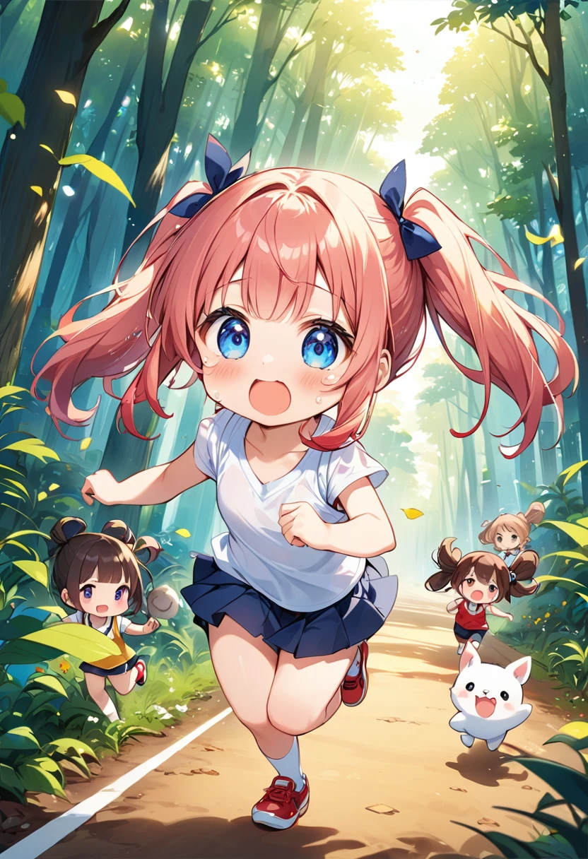 Highest quality、High resolution、Detailed Background、Beautiful face in every detail、Anatomically correct、Detailed facial expressions、fine grain、(One Girl)、Cute hair color、Braided twin tails、(Chibi Girl)、, (Tank top、Ｖneck、mini skirt、Cute Shoes)、Running at full speed along a single road in a deep forest、A lot of tears in my eyes、She looks like she&#39;s about to burst into tears、Scream and run away、Shooting from below、break　(A frog several dozen times larger than the girl chases her from behind.:1.2、He approaches the girl from behind, kicking up dust.、He has his mouth wide open and is about to eat the girl.)