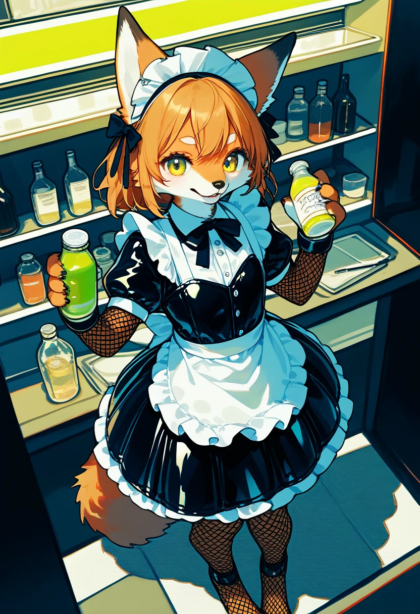 Highest quality, Highest quality, High quality illustrations, masterpiece, Ultra-high resolution, Detailed Background, cyber cafe, Bottle, Absurd, Perfect Anatomy, performance, Good lighting, Shadows in the movies(kemono, Furry Personifi猫ion), Rubber suit, Rubber suit, latex, neon, neonライト, neonカラー, Fishnet tights, Maid clothes, ribbon, juvenile, From above