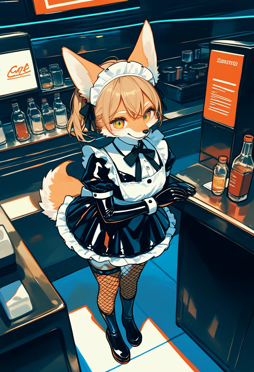 Highest quality, Highest quality, High quality illustrations, masterpiece, Ultra-high resolution, Detailed Background, cyber cafe, Bottle, Absurd, Perfect Anatomy, performance, Good lighting, Shadows in the movies(kemono, Furry Personifi猫ion), Rubber suit, Rubber suit, latex, neon, neonライト, neonカラー, Fishnet tights, Maid clothes, ribbon, juvenile, From above