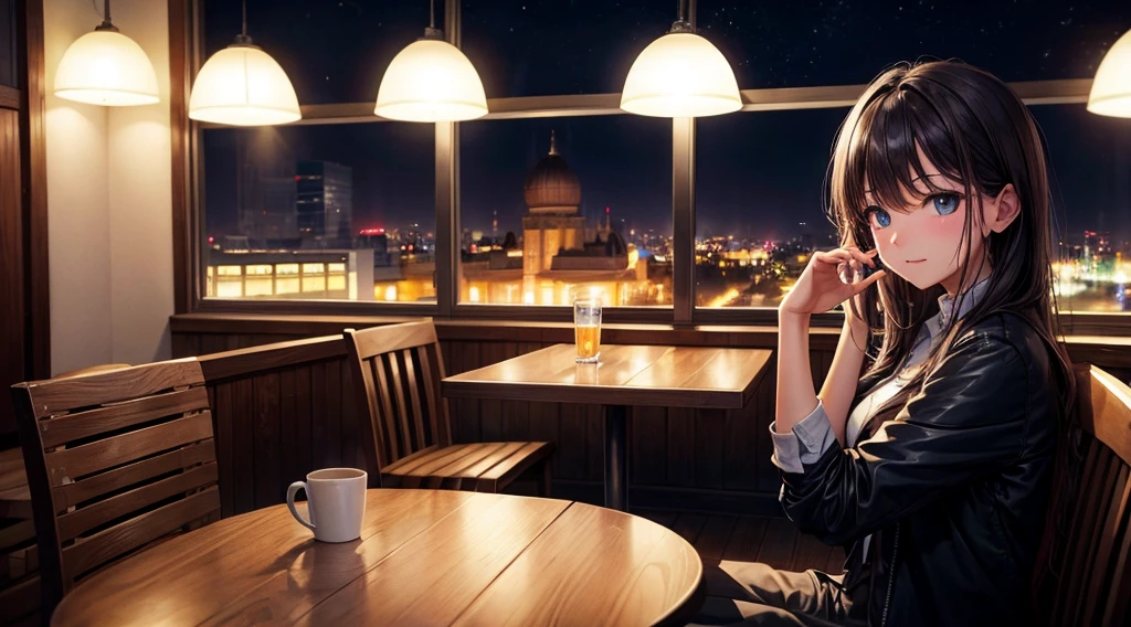 (Original photo, Highest quality), Lisa, night,Cafe, relax, Satosh Khan'Art Style,hands on hip