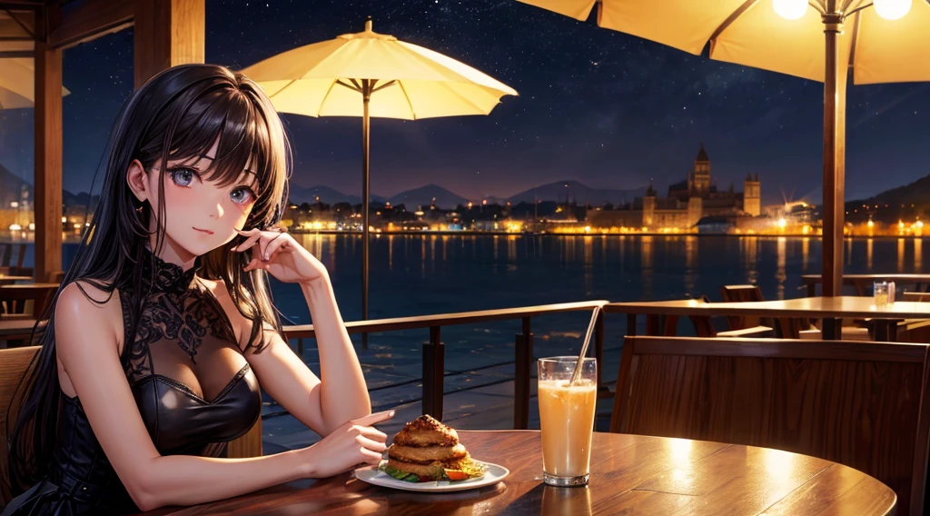 (Original photo, Highest quality), Lisa, night,Cafe, relax, Satosh Khan'Art Style,hands on hip